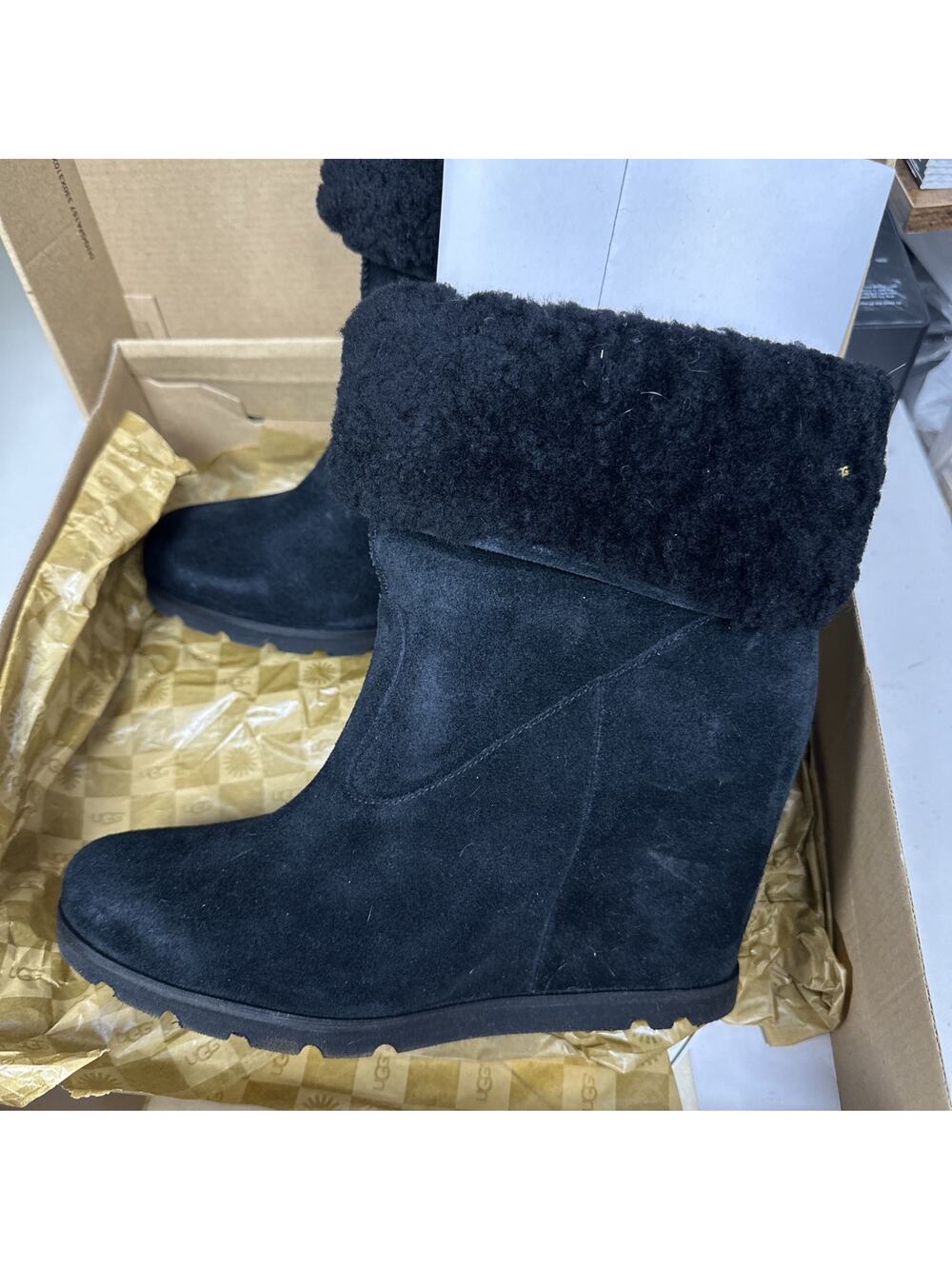 UGG Kyra Black Suede Wedge Boots Shearling Fold Over Cuff 1009318 Women Size 10